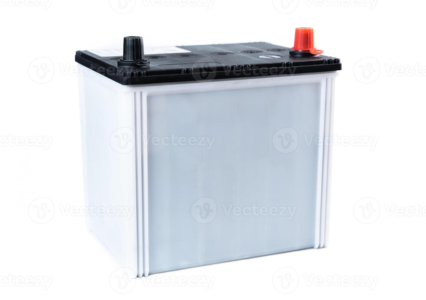 Single gray car battery isolated on white background. Compact automotive power unit designed for passenger vehicles. Ideal for catalog or online store. photo