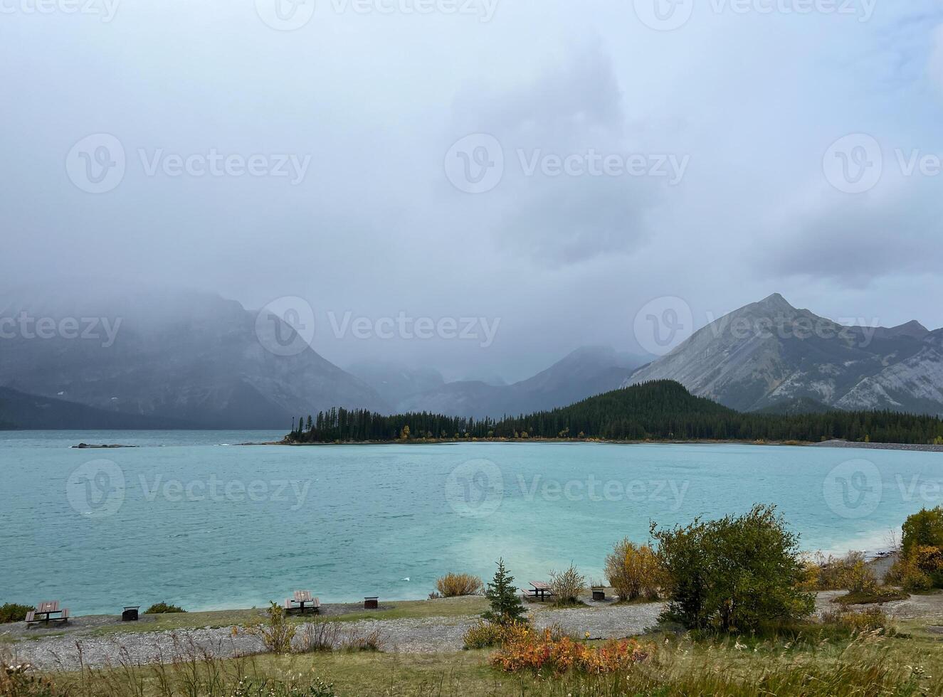 View of Lower Kananaskis Lake, Alberta, Canada on Moody Day photo