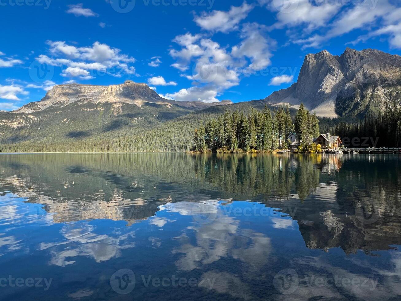 Emerald Lake with Hotel Lodge and Reflection in Water at Sumy Day, Yoho National Park, British Columbia, Canada photo