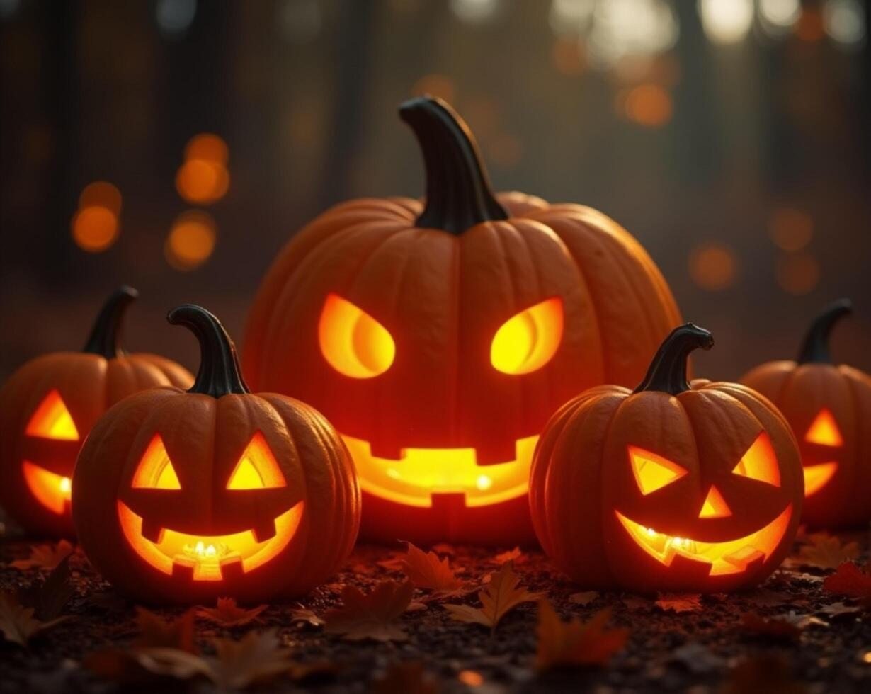 Halloween pumpkins with glowing eyes photo