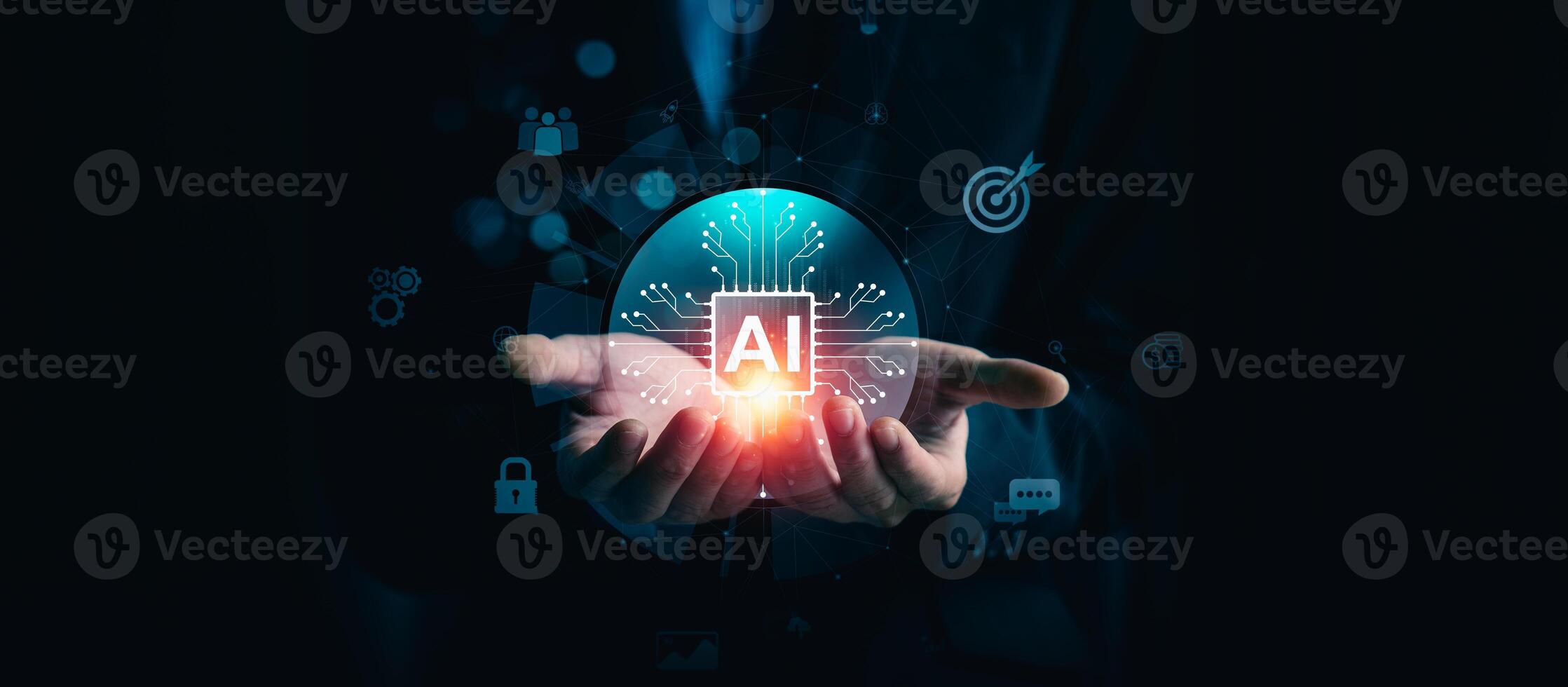 Futuristic concept of artificial intelligence technology showing a businessman holding a glowing AI chip, symbolizing control, responsibility, and the powerful potential of intelligent data processing photo