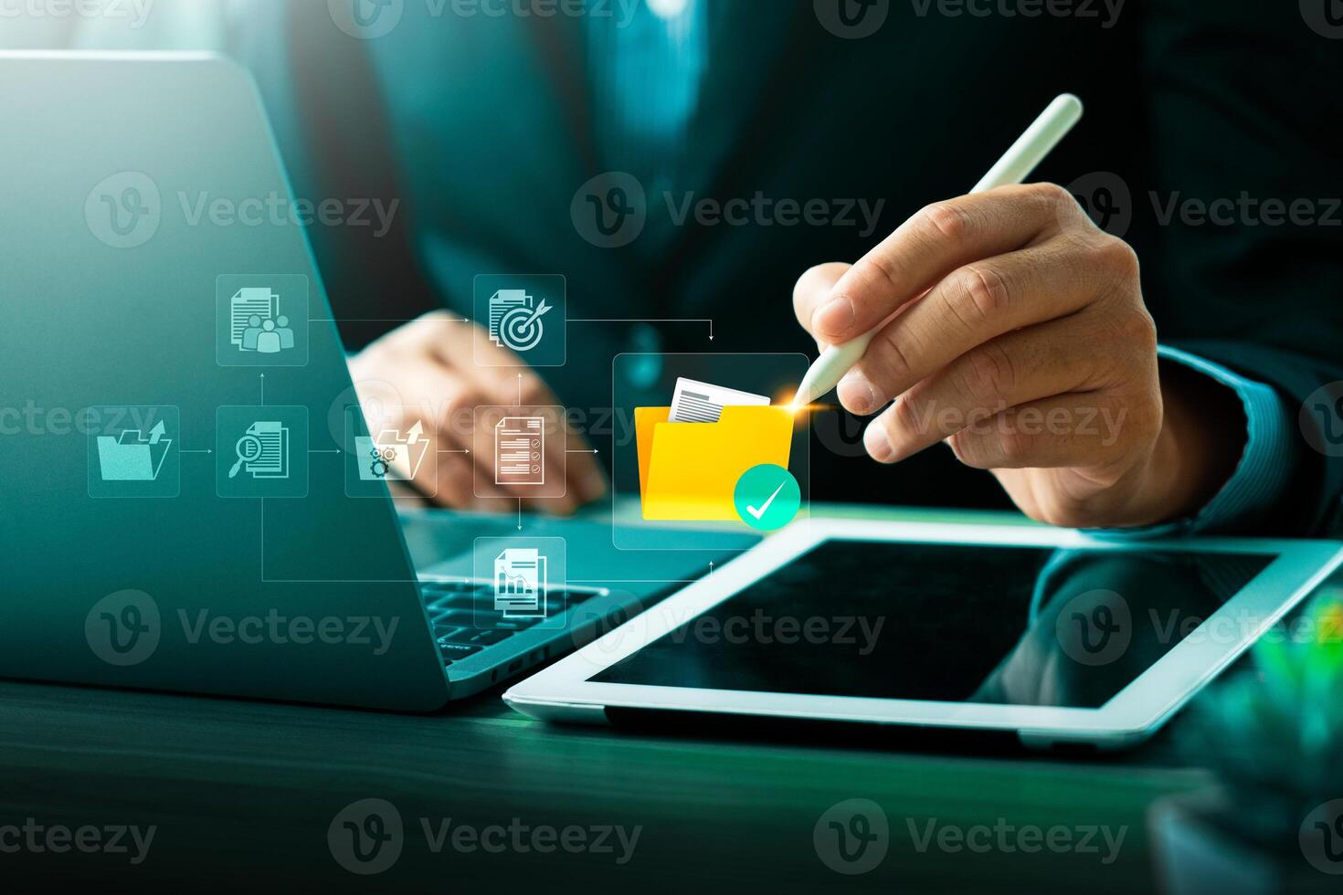 Businessman Using Cloud Computing for Secure Digital File Management on Laptop, Enhancing Remote Work Efficiency, Cybersecurity, and Data Protection for Online Collaboration, Virtual Office Solution photo
