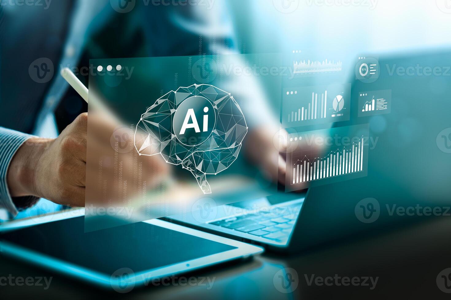 Futuristic AI Technology for Business Intelligence and Big Data Analytic, Businessman Using Artificial Intelligence for Real-Time Insights, Predictive Analysis, and Digital Transformation photo
