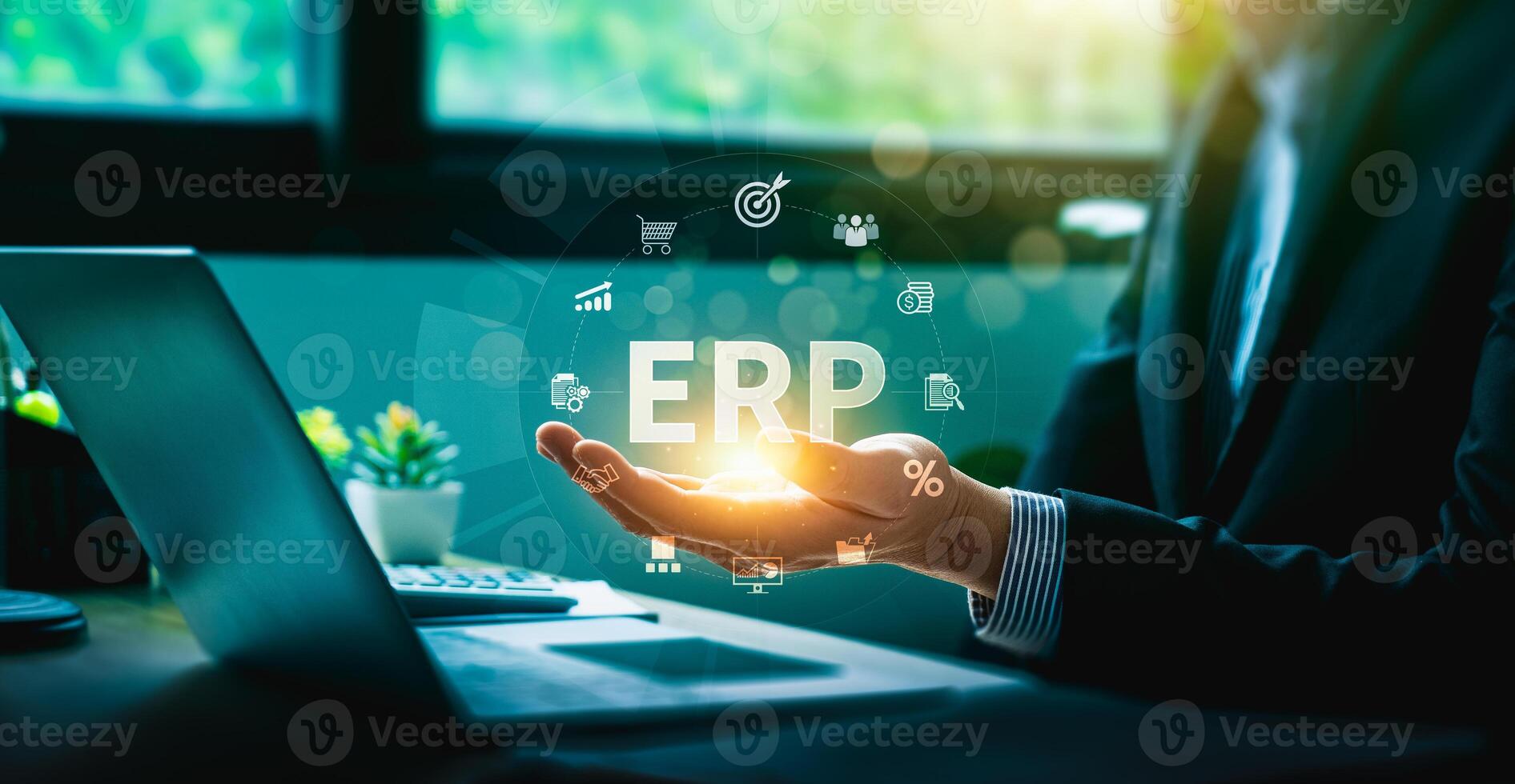 Businessman presenting ERP system with digital icons representing enterprise resource planning, finance, supply chain, analytics, and automation for business management and operational efficiency photo