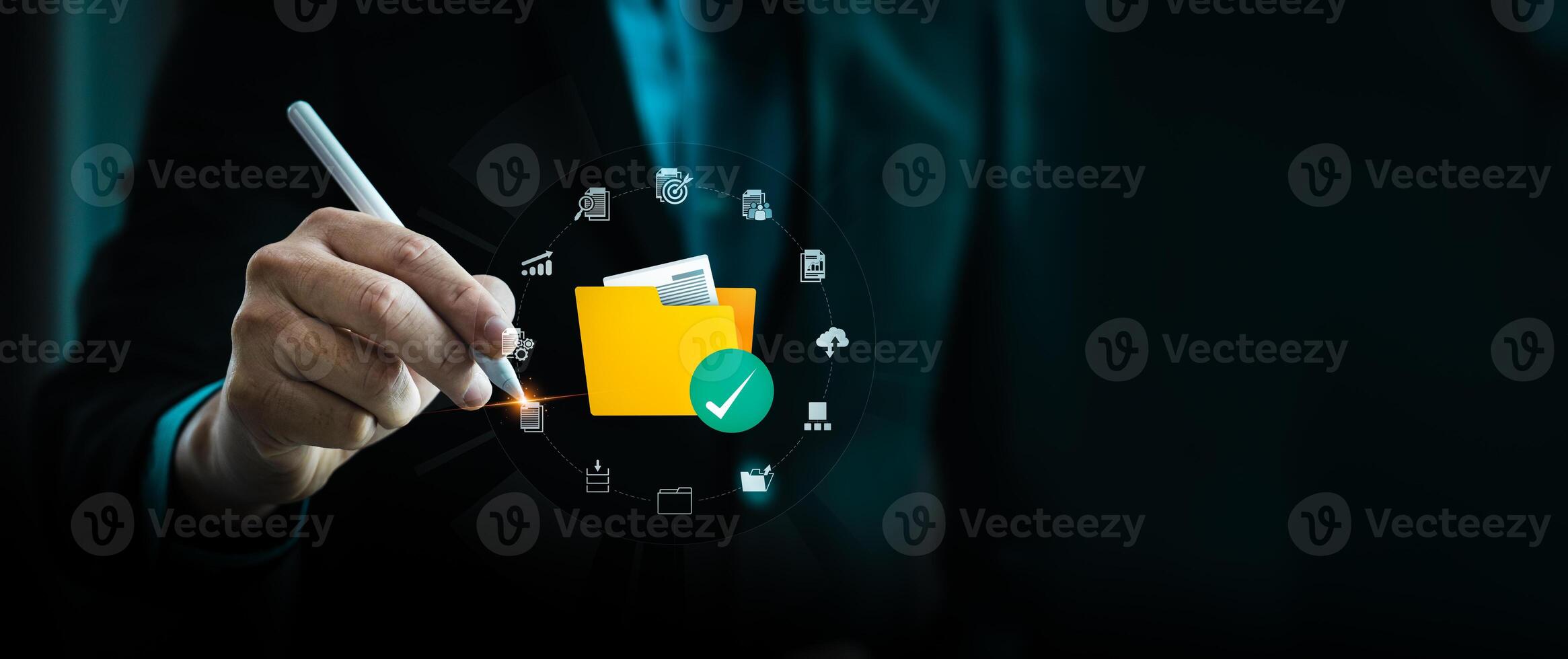 Businessman Holding Digital File Management System with Cloud Computing Technology, Showcasing Secure Data Storage, Online Collaboration, AI-Powered Document Organization for Remote Work Efficiency photo