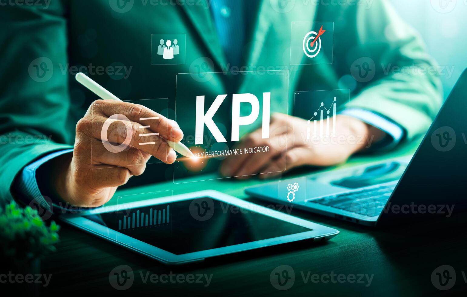 Businessman Using Digital Tools to Analyze Key Performance Indicators KPI with Data Visualization, Charts, and Targets, Highlighting Performance Management, Business Goals, and Strategic Planning photo