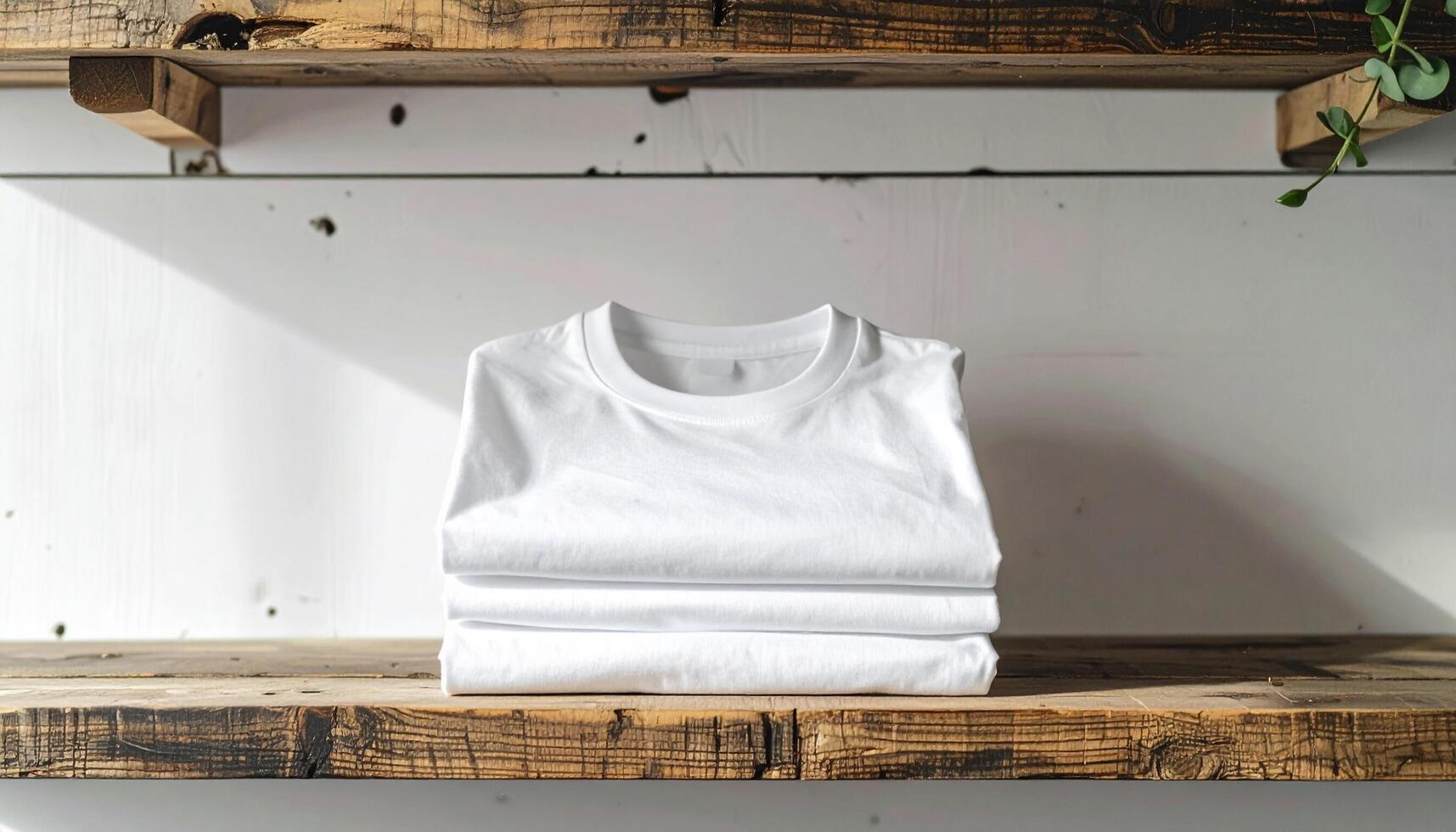 Neatly Folded White T-Shirt on Wooden Shelf photo