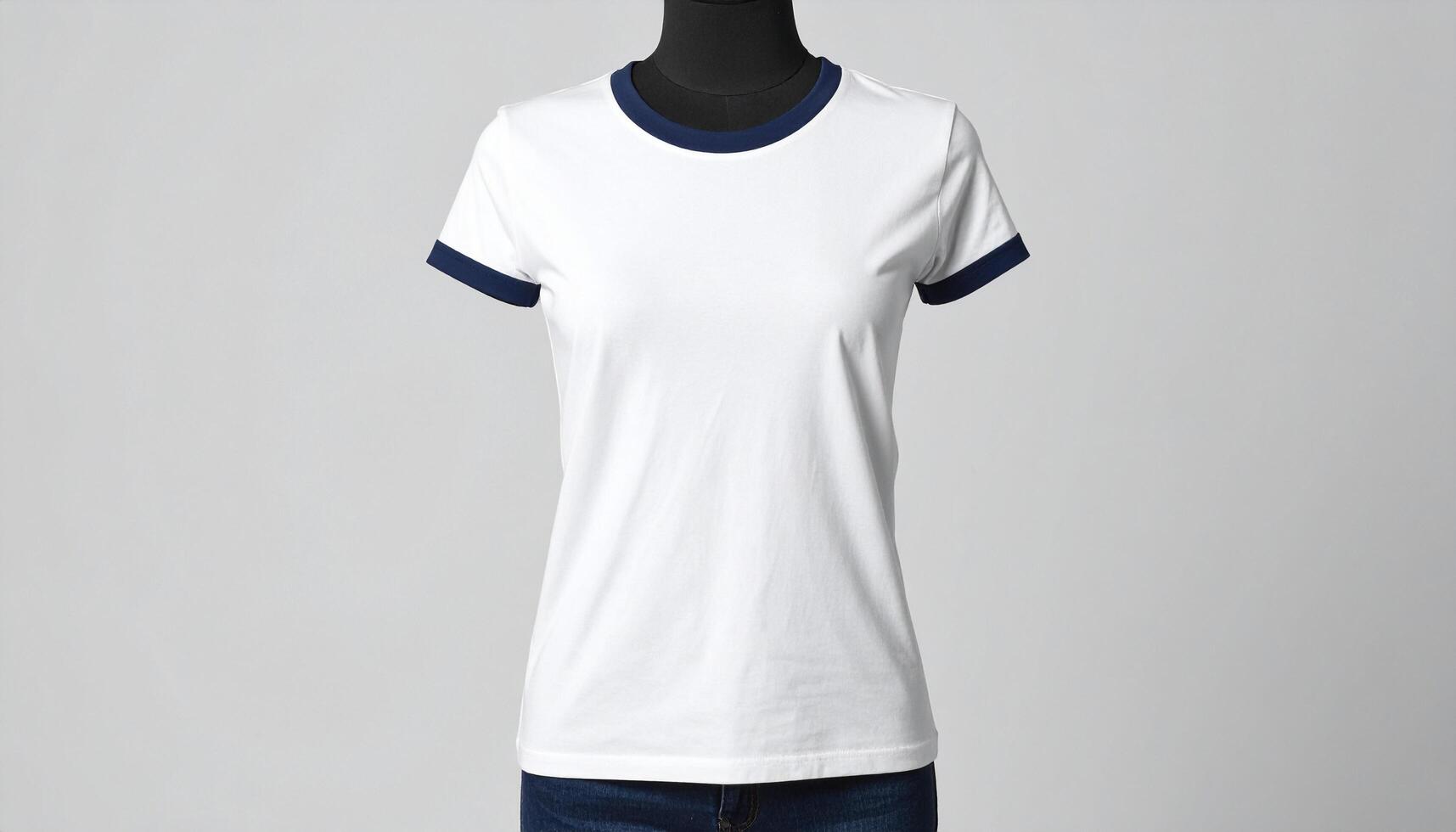 White Ringer T Shirt with Navy Collar Displayed on Female Mannequin photo