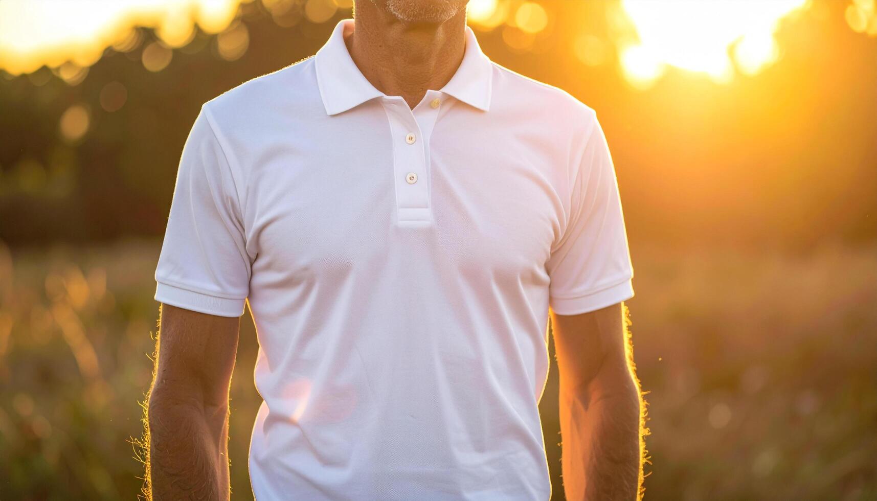 Mature man wearing white polo t shirt in golden hour lighting photo