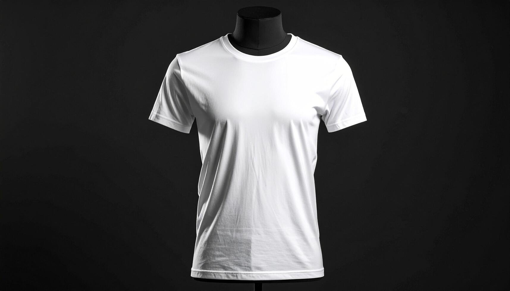 White polyester t-shirt on mannequin with smooth lighting in studio photo
