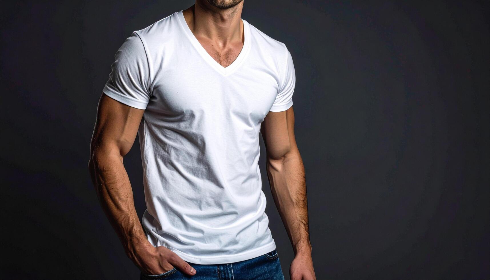 Muscular man wearing white v neck t shirt in studio lighting photo