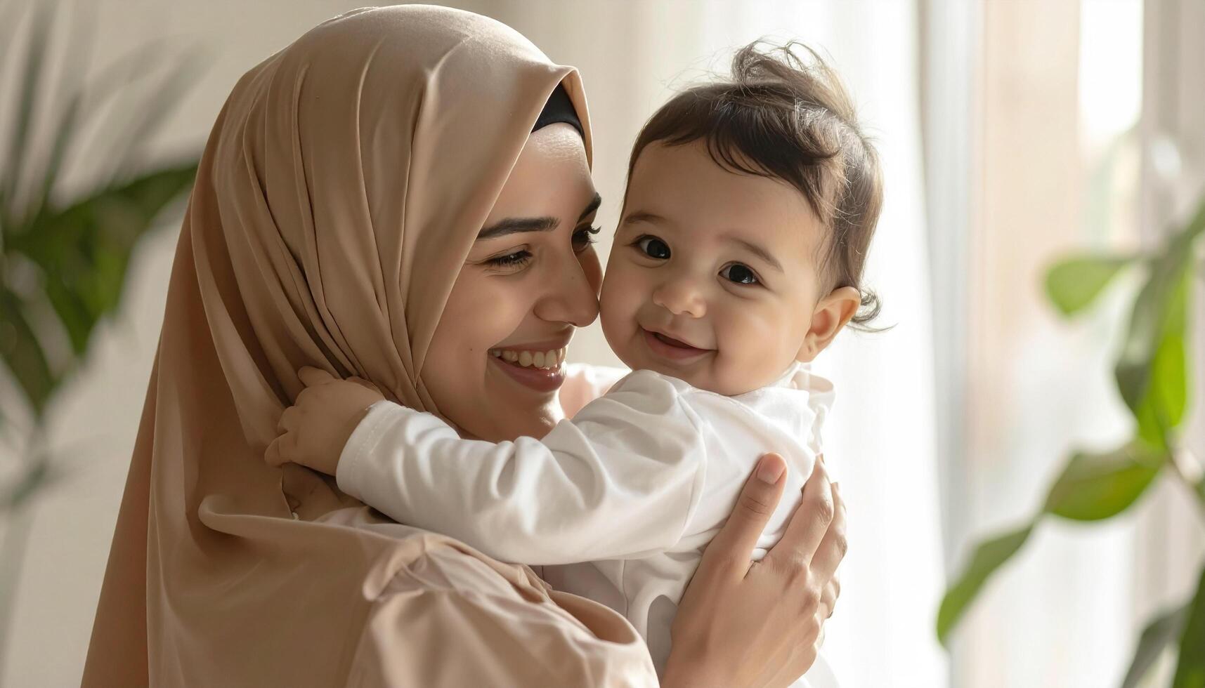 Hispanic mom lifting baby in bright sunlit bedroom photo