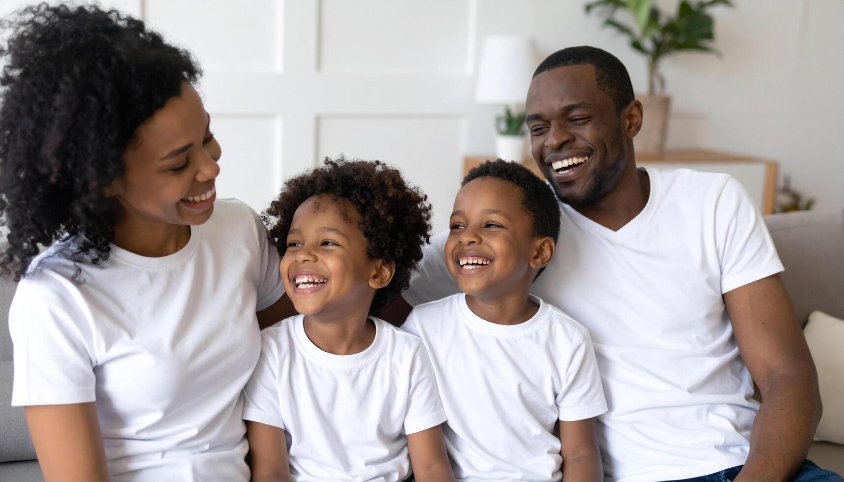 Smiling African American Family Wearing White T Shirts Sitting on Sofa photo