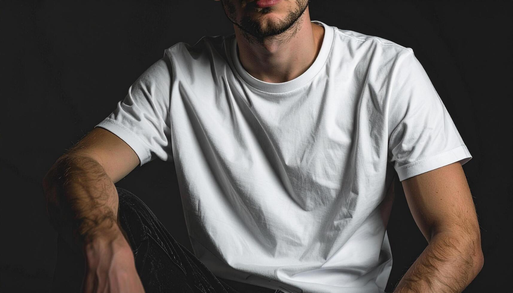 White T Shirt Male Model Sitting Floor Casual Relaxed Natural Light photo