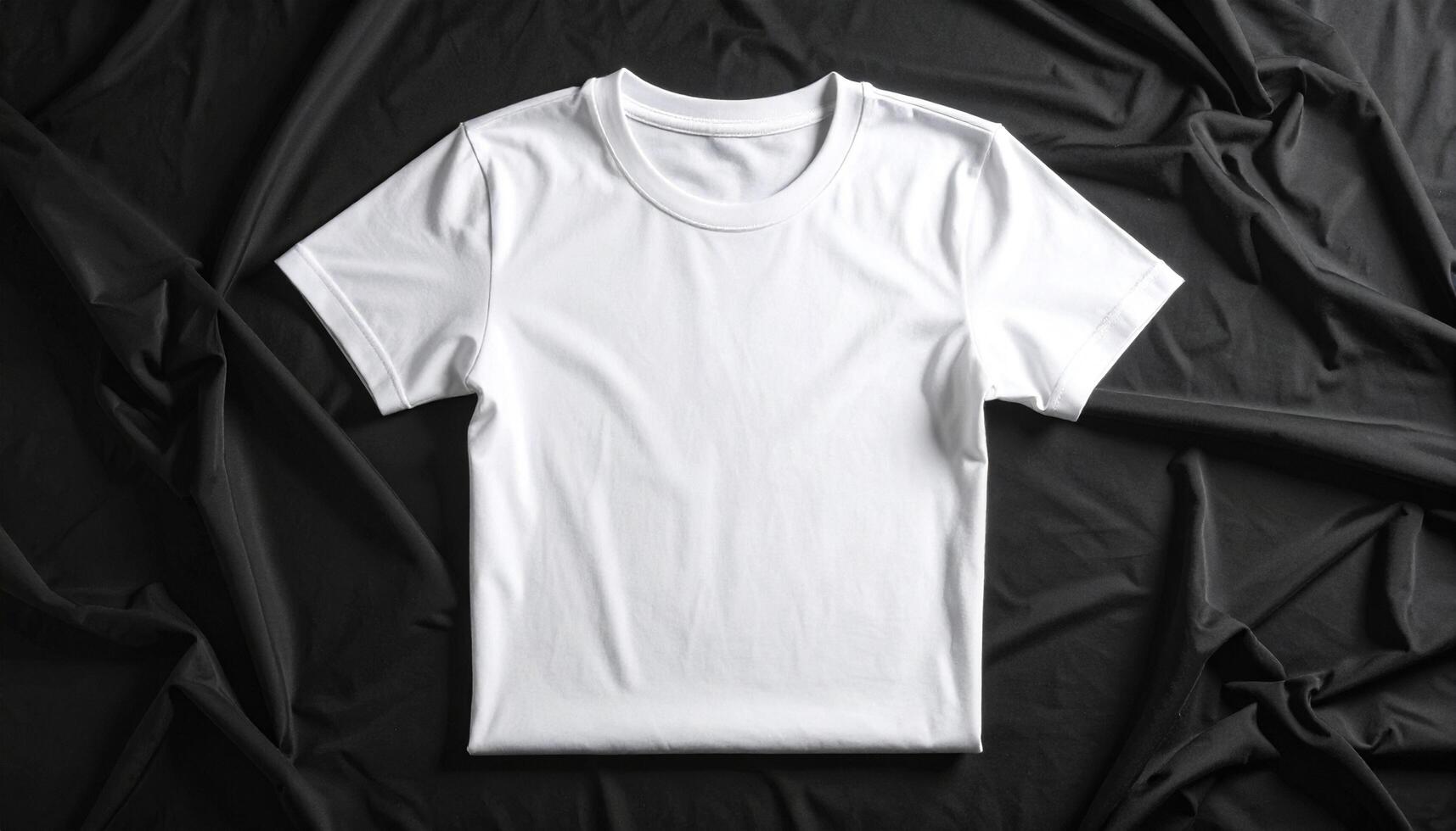 Folded white crew neck t shirt on black fabric background photo