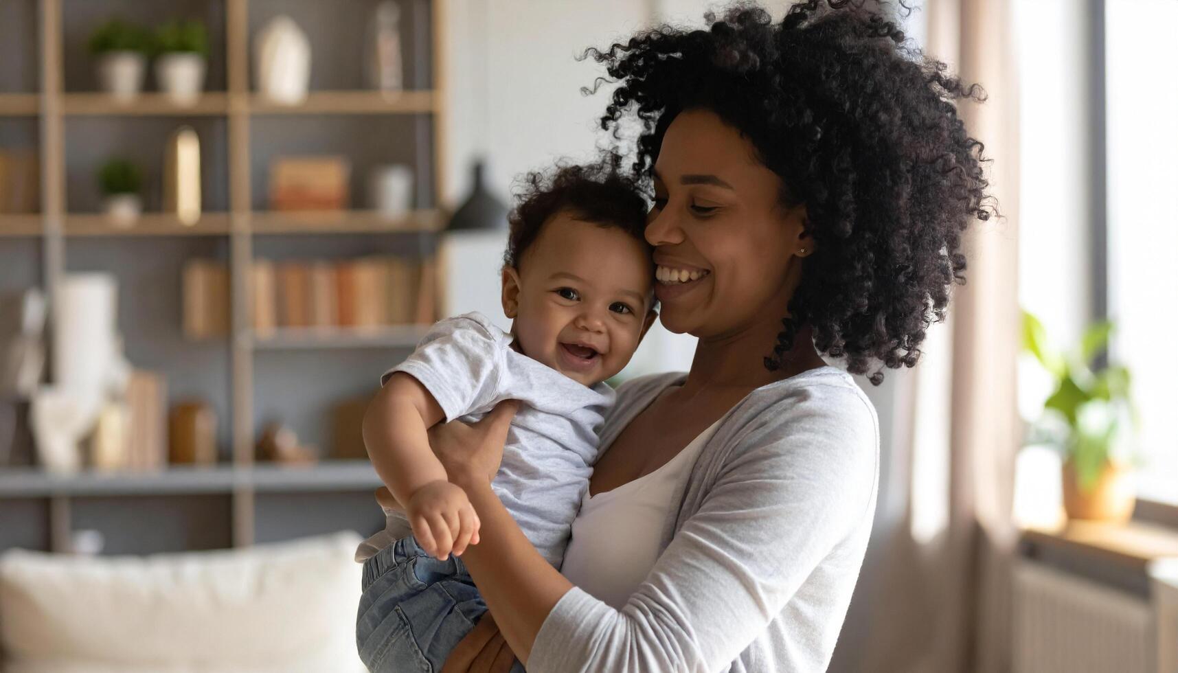 European mom hugging baby near window in soft daylight photo