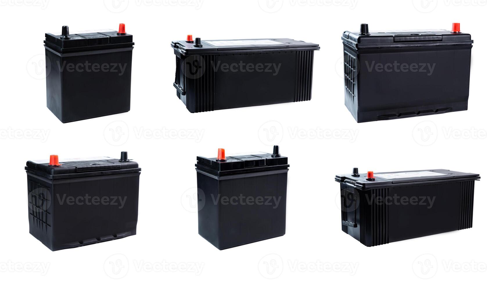 Six black car batteries of different sizes isolated on white background. Automotive power units for light vehicles and trucks. Ideal for catalog or shop. photo