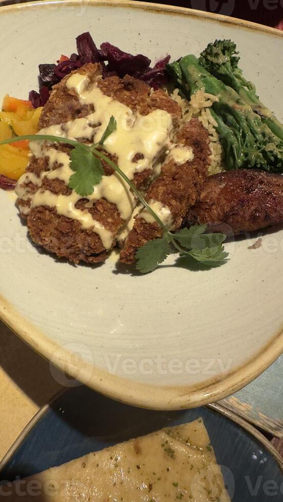 Plated Meal with Fried Cutlet, Vegetables, Rice, and Sauce photo