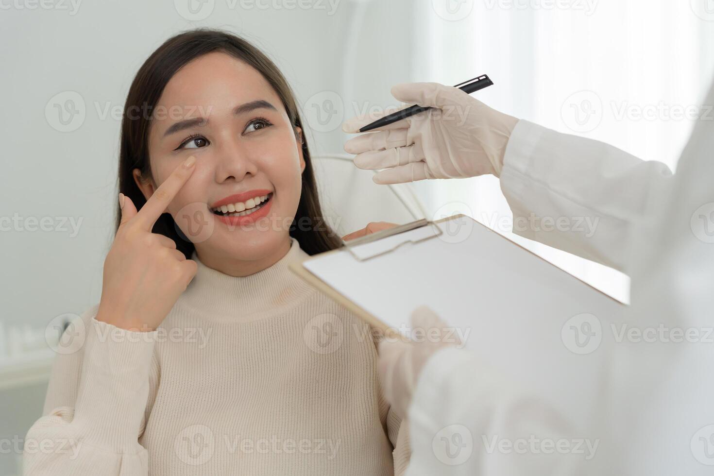 plastic surgery. beauty asian smile and happy after surgery, surgical procedure that involve altering shape of nose, doctor examines patient nose before rhinoplasty, medical assistance, health photo
