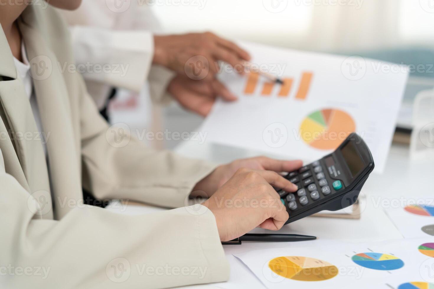 Business team calculate benefit, working woman, spreadsheets, graph financial development, bank accounts, statistics, economy, data analysis, investment stock exchange, rates income photo