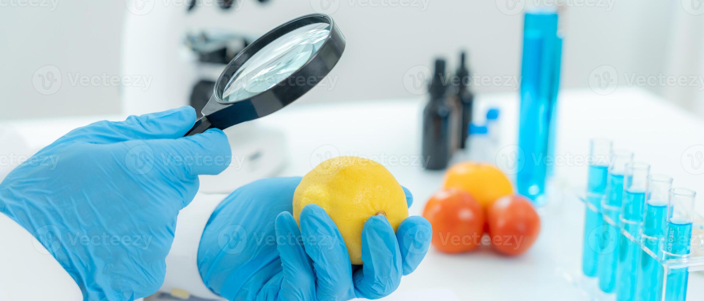 Scientist use magnifying glass to check physical occur from chemical on fruit and vegetable residues in laboratory. inspect the concentration of chemical residues, standard photo