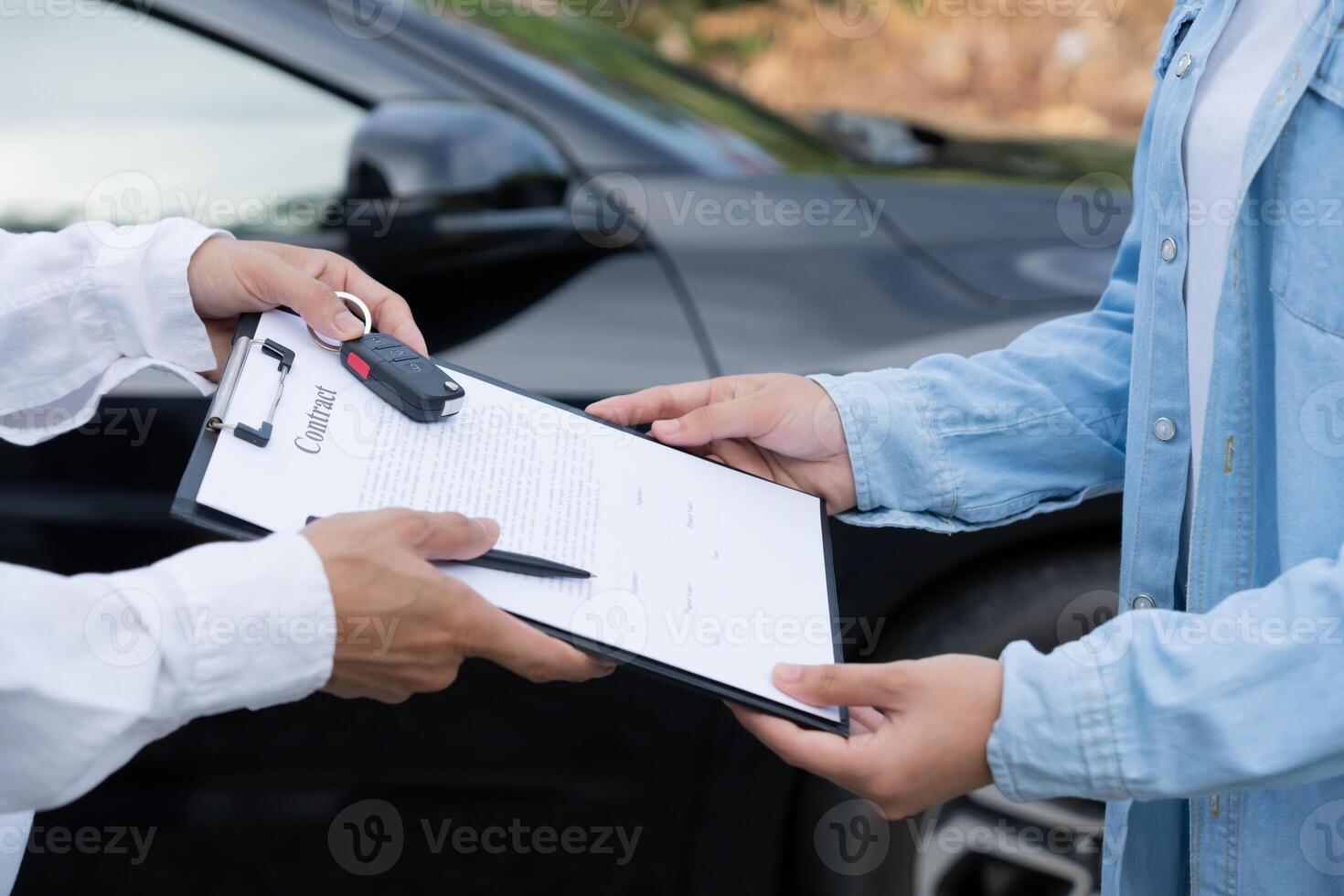 lease, rental car. sell, buy. Dealership send contract and car keys to new owner to sign. Sales, loan credit financial, rent vehicle, insurance, renting, Seller, dealer, installment, car care business photo