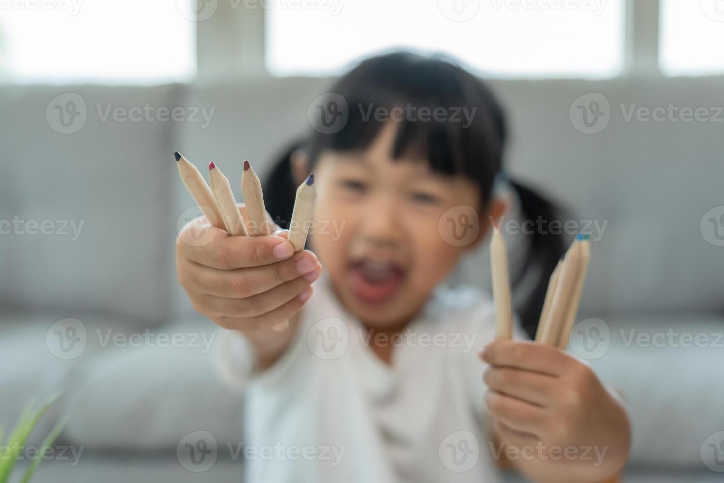 Little girl show paint, Happy children playing learn paint on paper. Activity, development, IQ, EQ, meditation, brain, muscles, essential skills, family having fun spending time together. photo