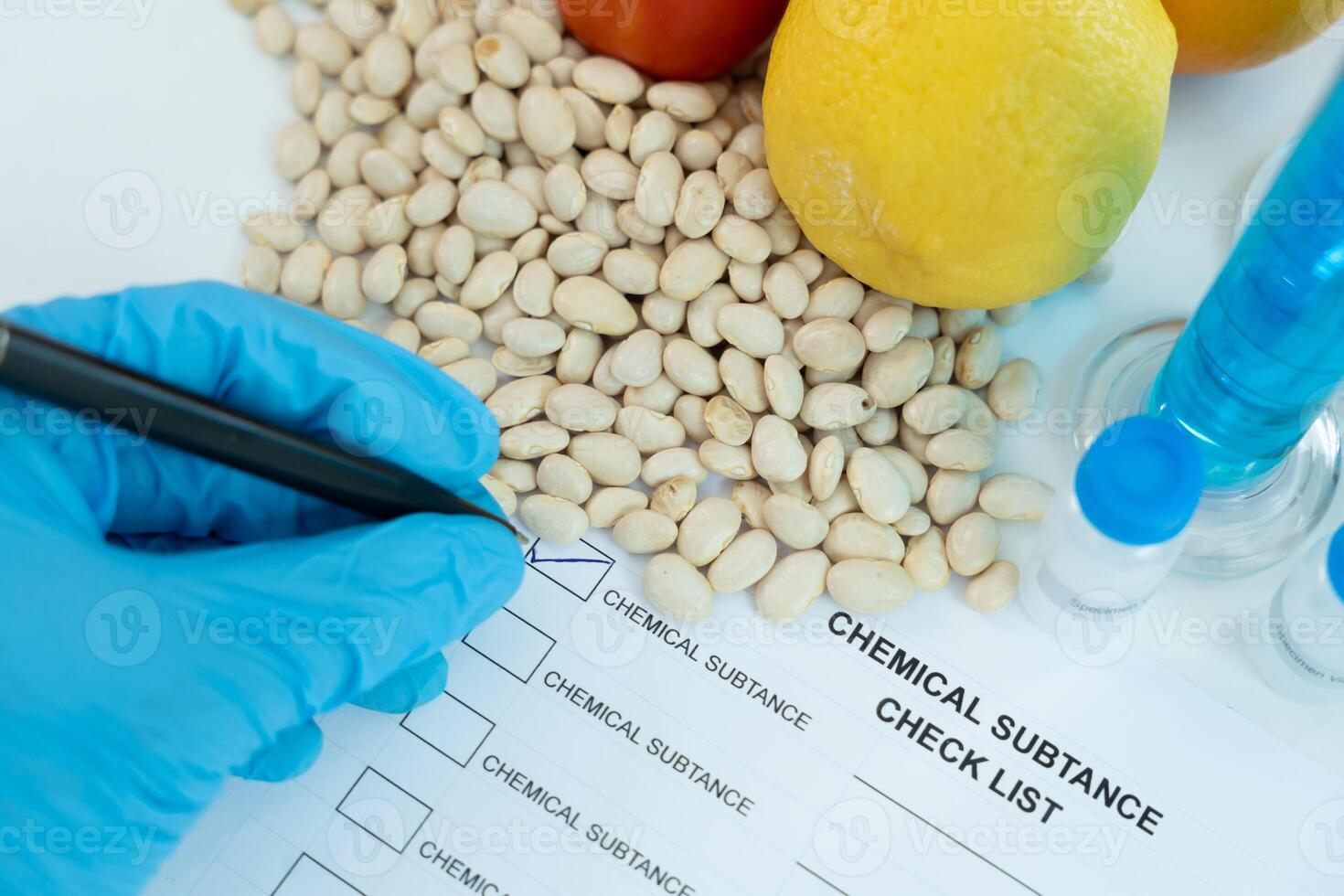 Chemical substance check list for chemical food residues in laboratory. Control experts inspect quality of fruits, vegetables. lab, find prohibited substances, contaminate, Microbiologist photo