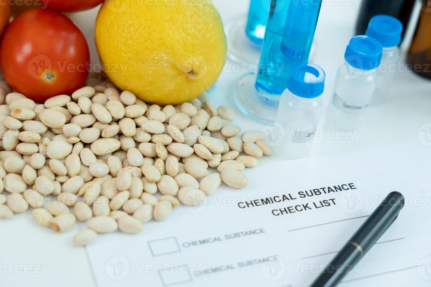 Chemical substance check list for chemical food residues in laboratory. Control experts inspect quality of fruit, vegetables. lab, find prohibited substances, contaminate, Microbiologist photo