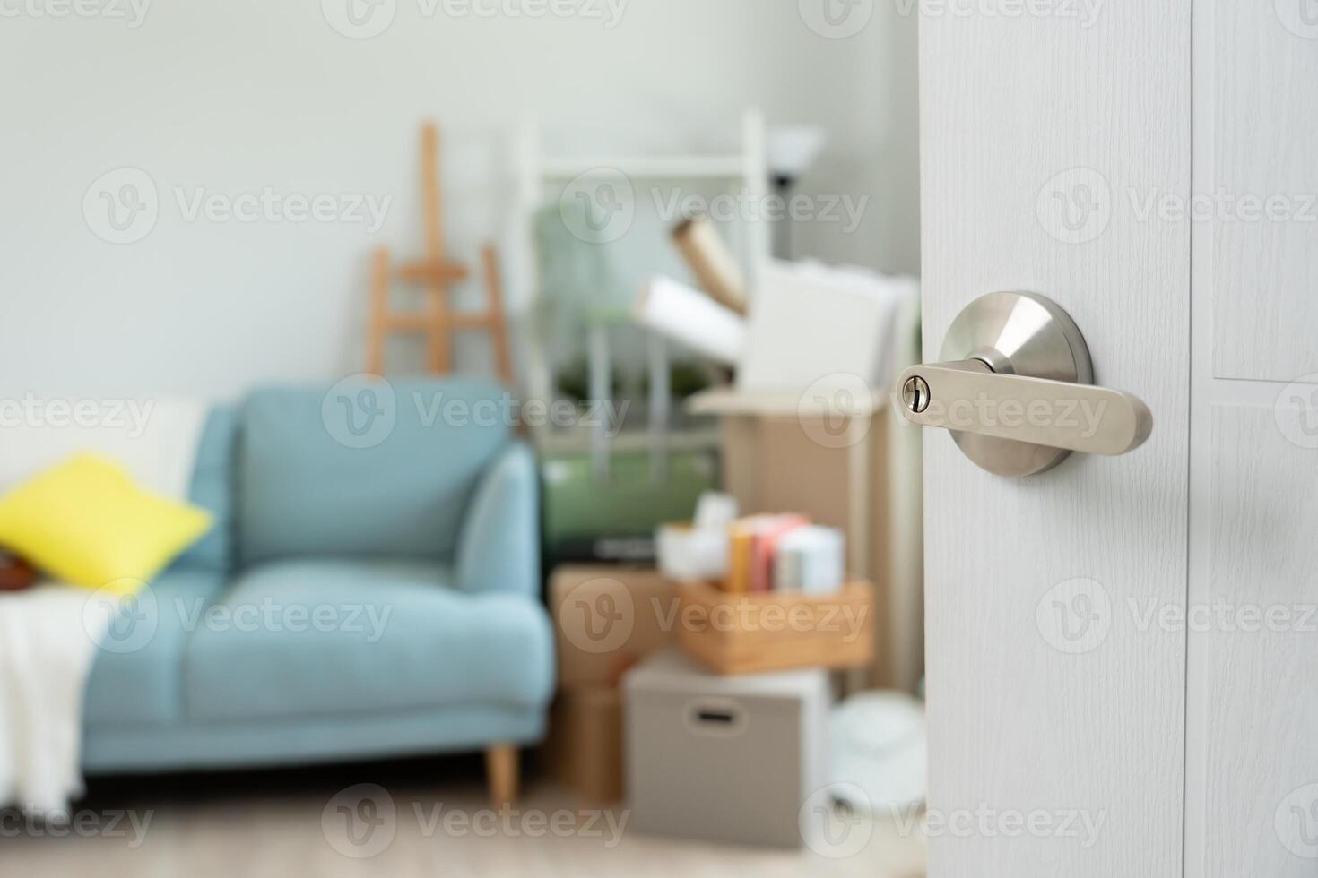 Moving house, relocation. Open the door of the new house, inside the room was a cardboard box containing personal belongings and furniture. move in the apartment or condominium photo