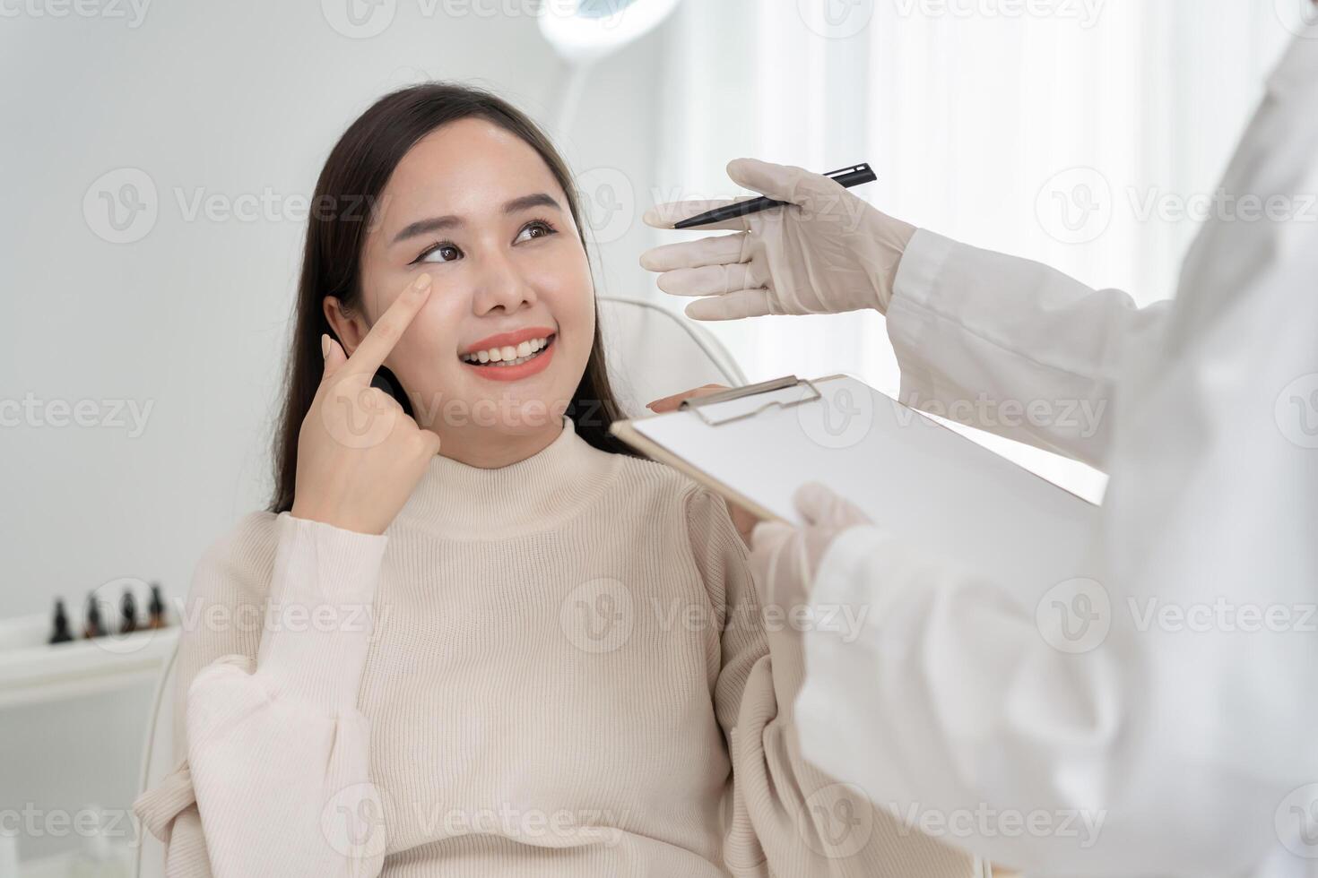 beauty asian smile and happy after surgery, surgical procedure that involve altering shape of nose, doctor examines patient nose before rhinoplasty, medical assistance, health. photo