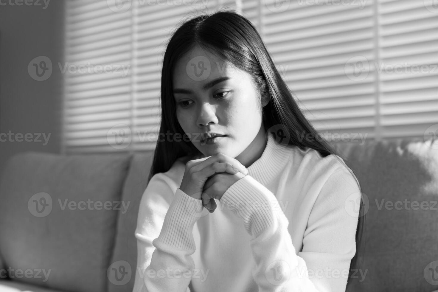 asian woman girl disappointed, sad about problem in home alone, feel lonely, Stressed, suffering from bad relationship, break up, divorce, female confused, depression mental health, loneliness photo