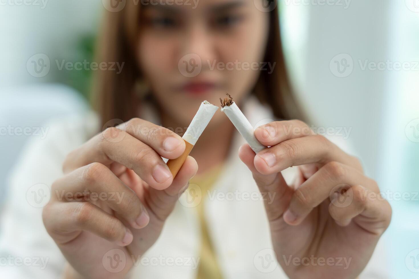 No smoking. Women stop smoke, refuse, reject, break take cigarette, say no. quit smoking for health. world tobacco day. drugs, Lung Cancer, emphysema , Pulmonary disease, narcotic, nicotine effect photo