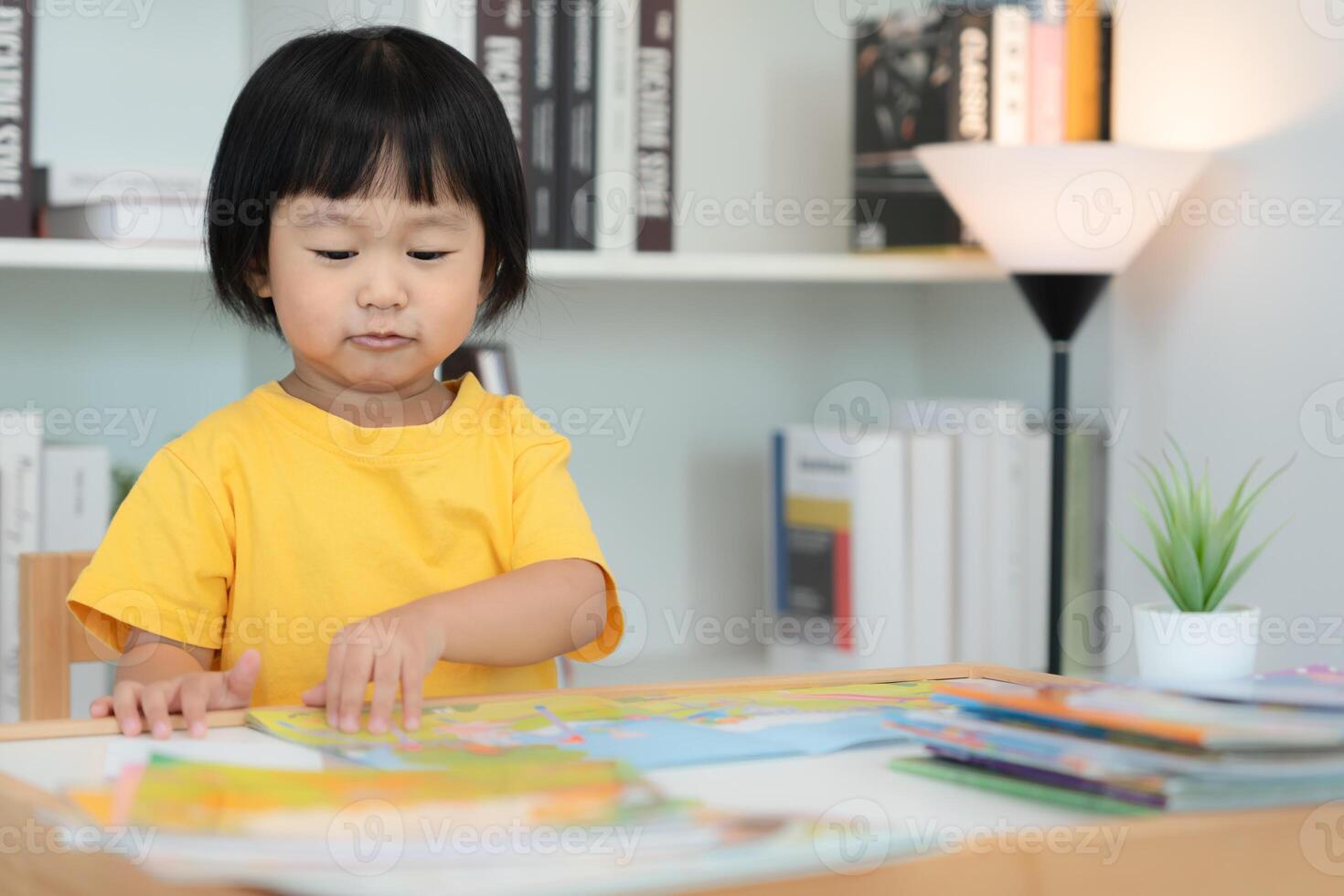 Happy Asian children relax read story book for bear doll. daughter and reading a story. learn development, childcare, education, storytelling, practice, imagine, reduce addiction mobile ph photo