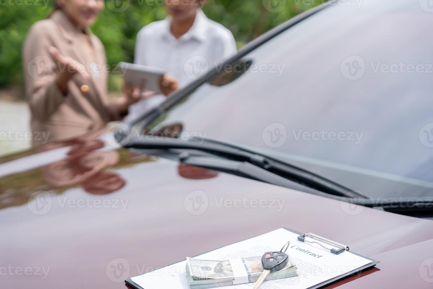 lease, rental car, sell, buy. Dealership send contract and car keys to new owner to sign. Sales, loan credit financial, rent vehicle, insurance, renting, Seller, dealer, installment, car care busine photo