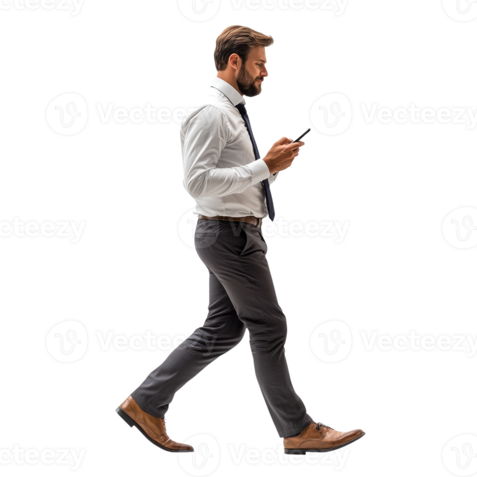 Businessman walking and texting on smartphone isolated on transparent background png