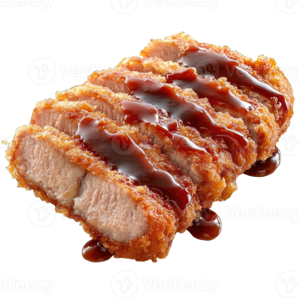 Crispy breaded pork cutlet with rich sauce over top isolated on transparent background cutout png