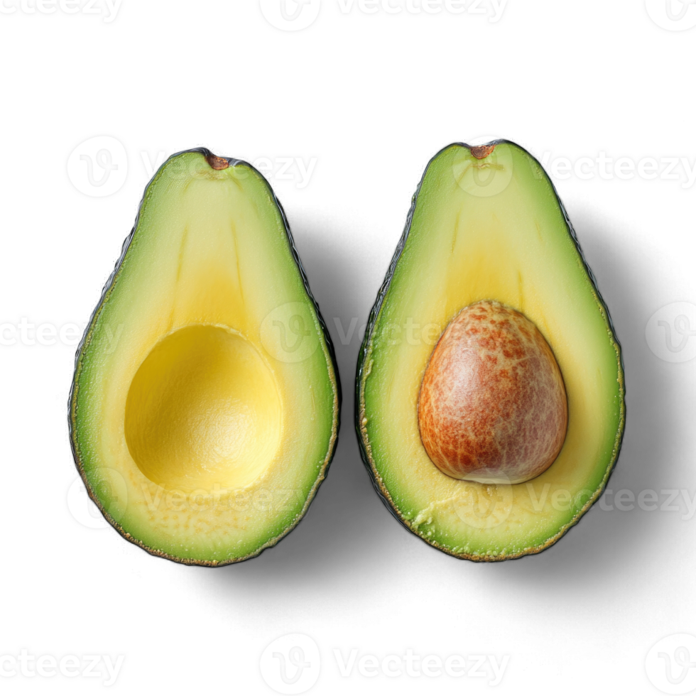 Freshly cut avocado halves with seed visible isolated on transparent background cutout png