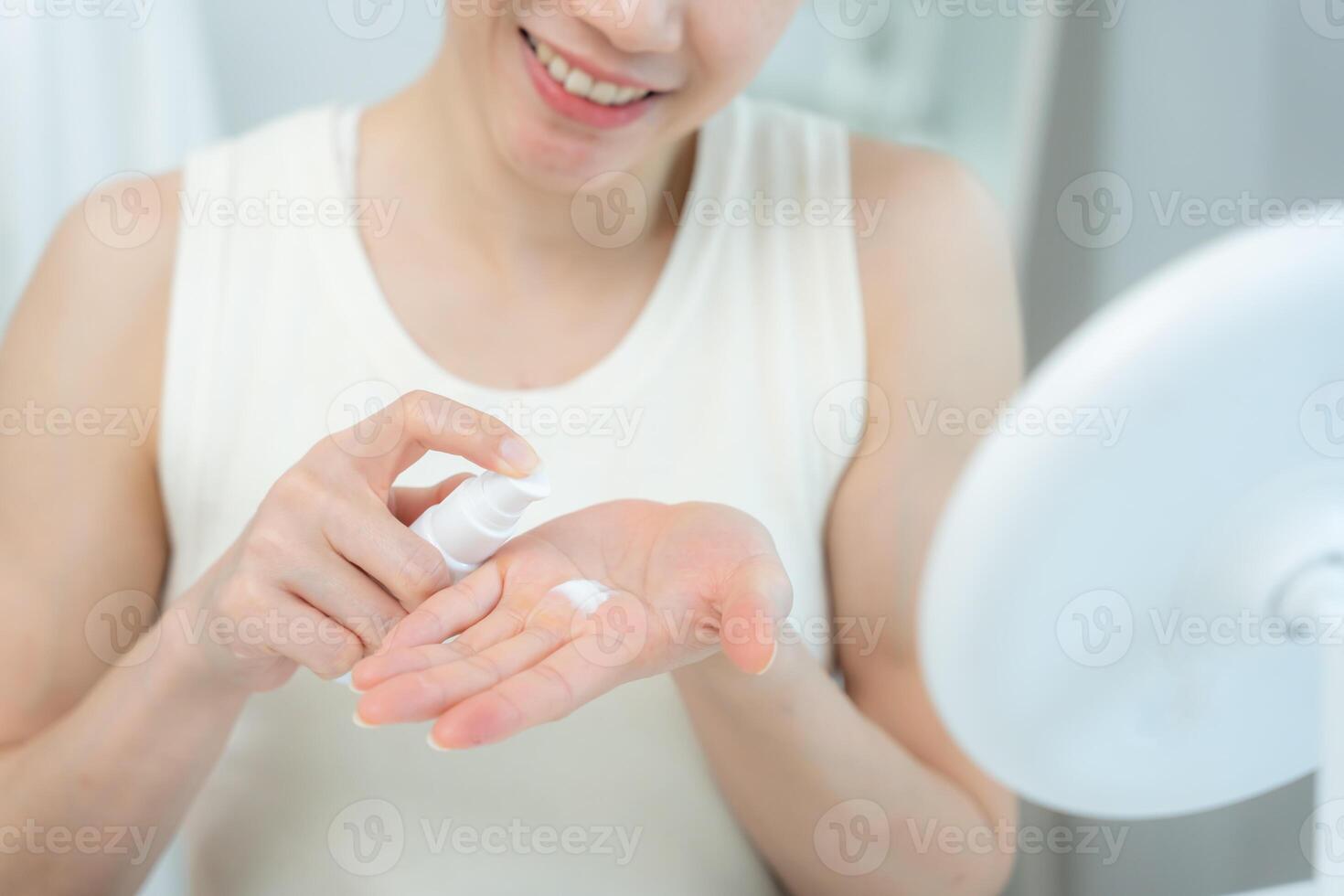 Good skin woman use cream for good skin. face of a healthy woman apply cream and makeup. Advertisement for skin cream, anti-wrinkle, baby face, moisturizer photo