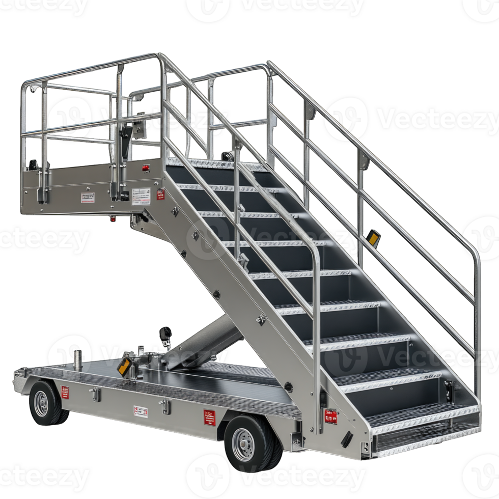 Mobile aircraf boarding stairs with handrails and wheels isolated on transparent background cutout png