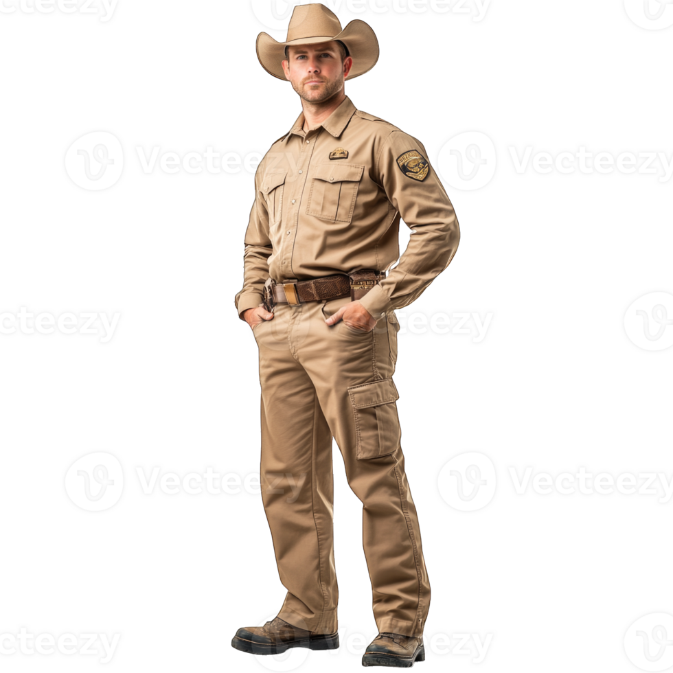 Man in tan cowboy uniform with wide-brimmed hat stands confidently against a transparent background png