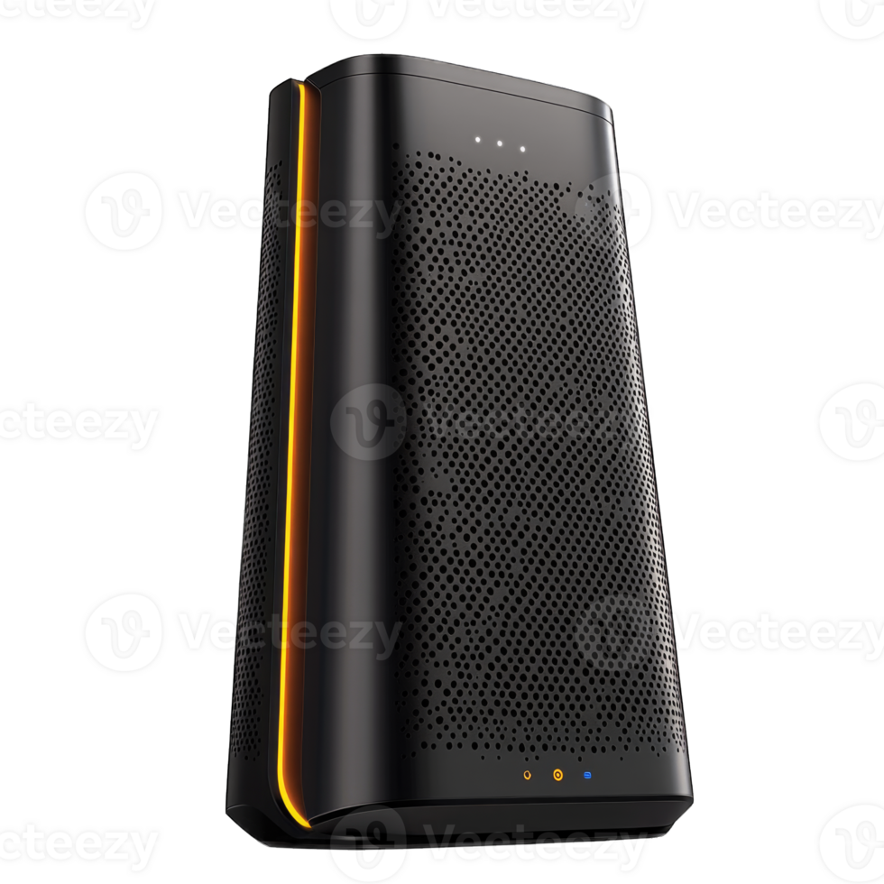 Modern black tower speaker with orange light design isolated on transparent background cutout png