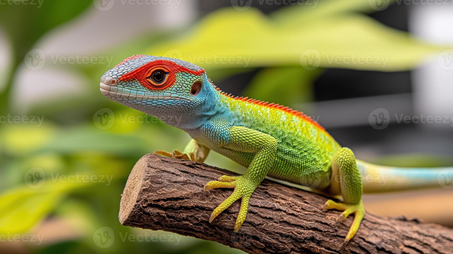 Close up of a Vibrant Multicolored Lizard on a Branch photo