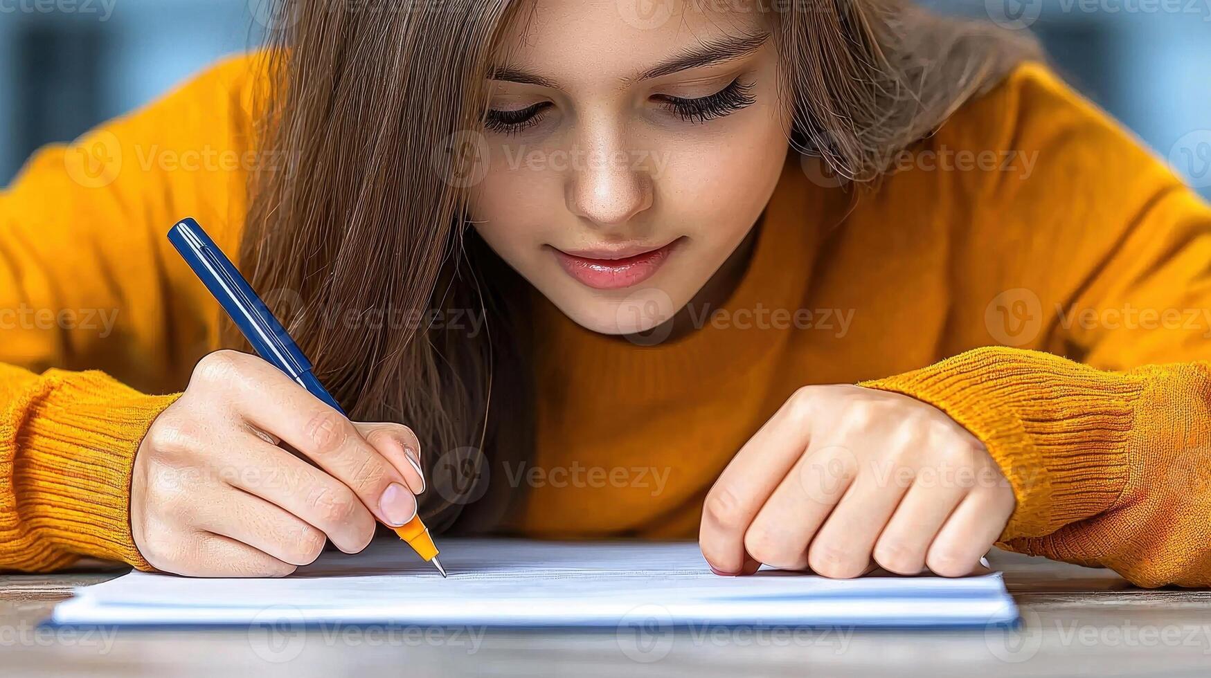 Focused Young Woman with Freckles Sketches on White Pad Using Pencil in Soft Light photo