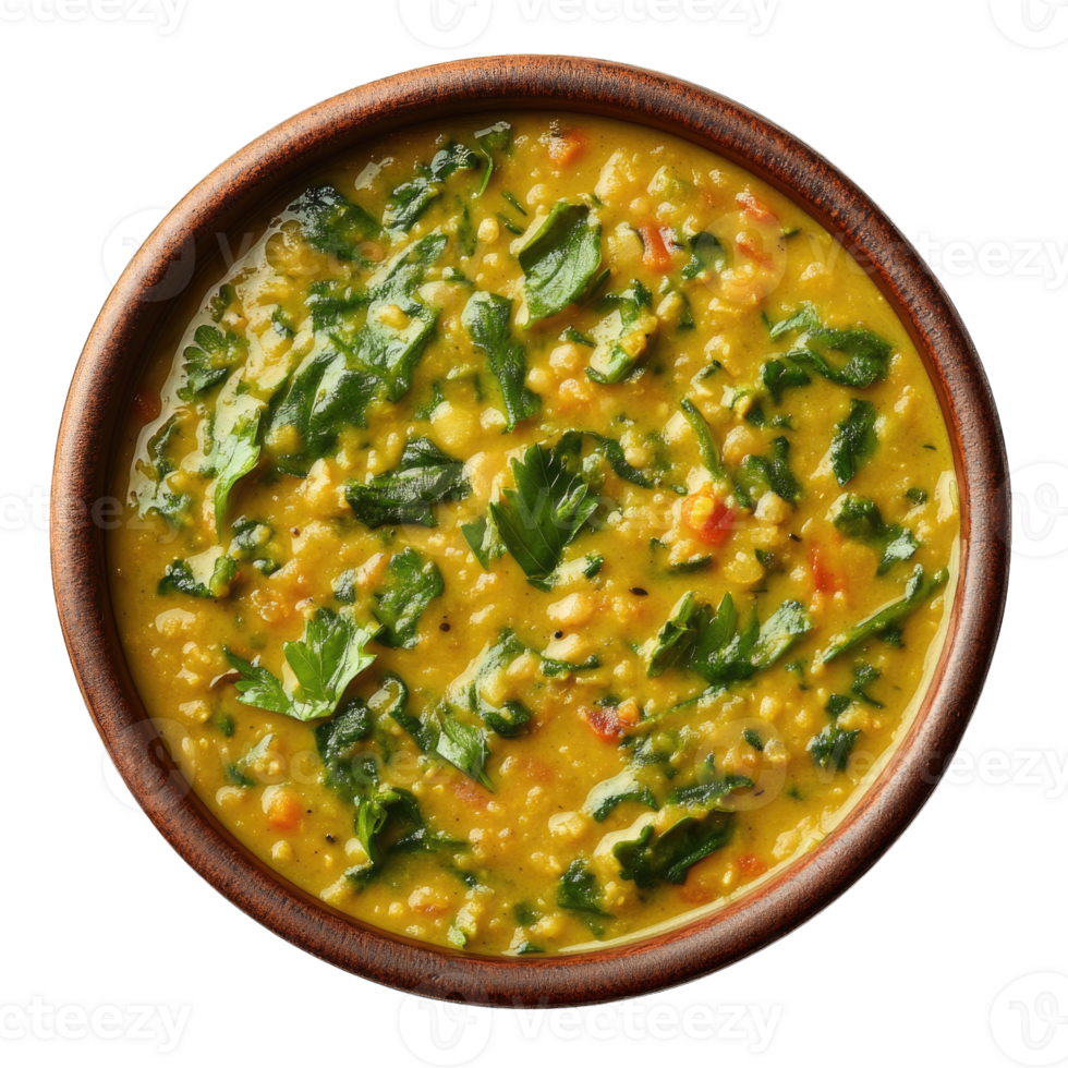 Delicious lentil soup with spinach and herbs in a wooden bowl, isolated on transparent background cutout png