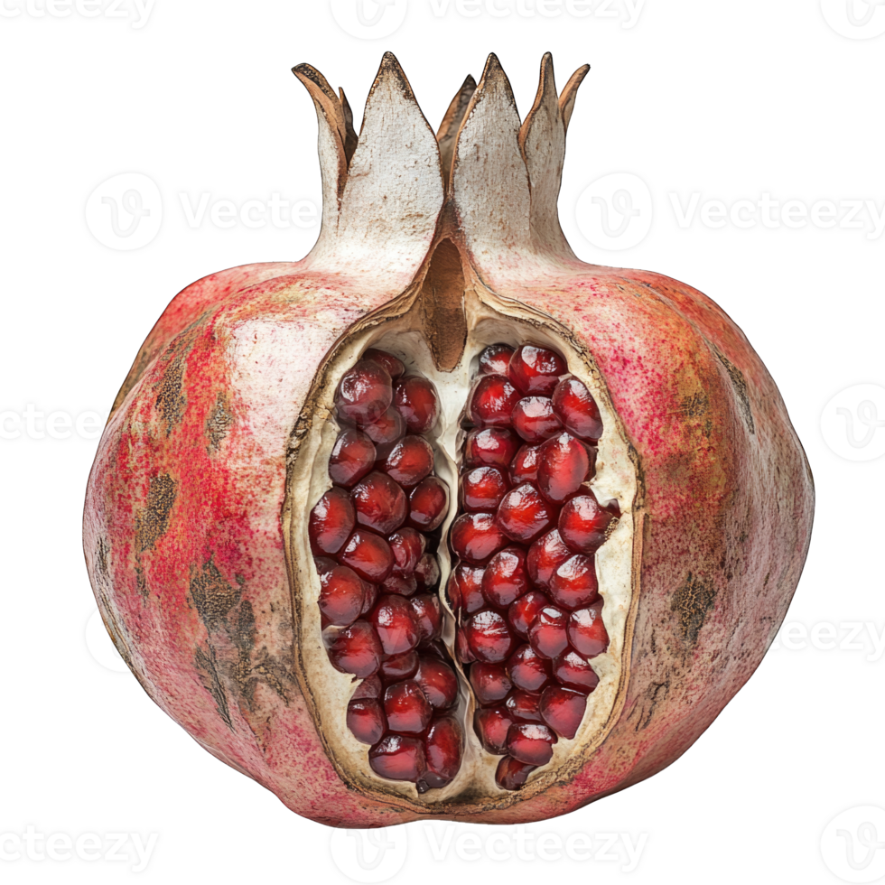 Bright red pomegranate cut in half showing seeds isolated on transparent background cutout png