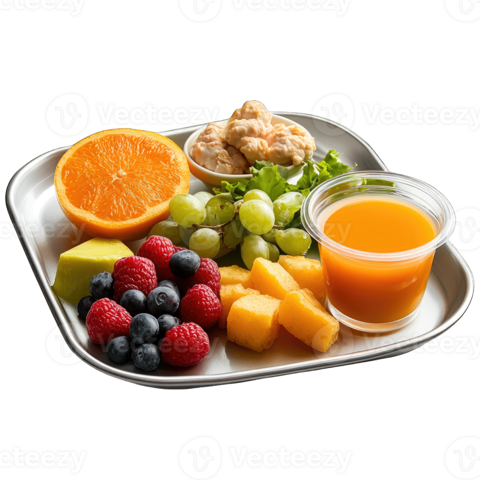 Fresh fruit platter with orange slices, mixed berries, and juice in transparent cup isolated on transparent background png