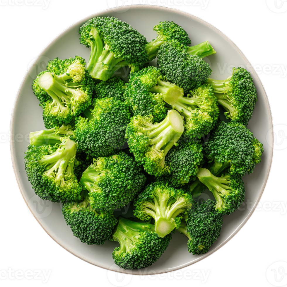 Fresh green broccoli florets arranged on a white plate isolated on transparent background cutout png