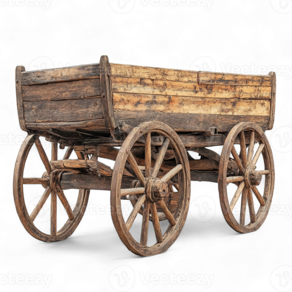 Rustic wooden cart with large wheels and worn texture isolated on transparent background cutout png