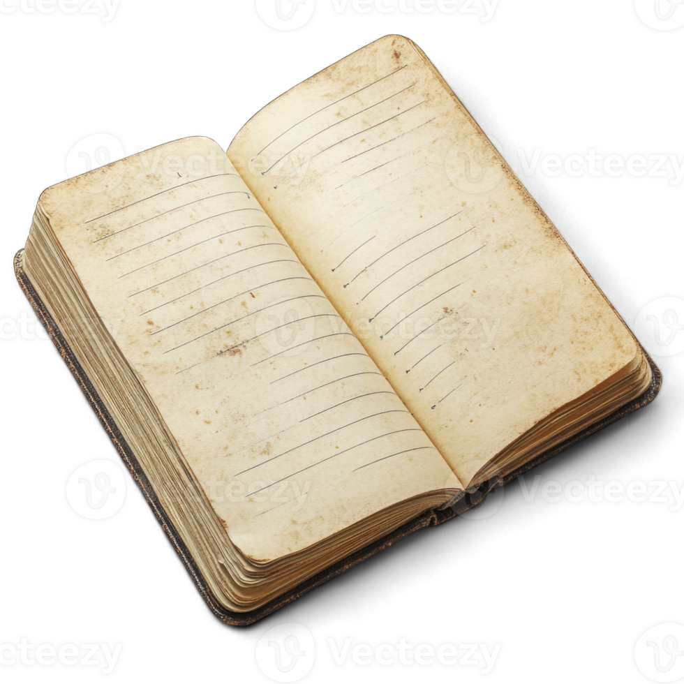 Open vintage blank journal with weathered pages on isolated transparent background cutout png
